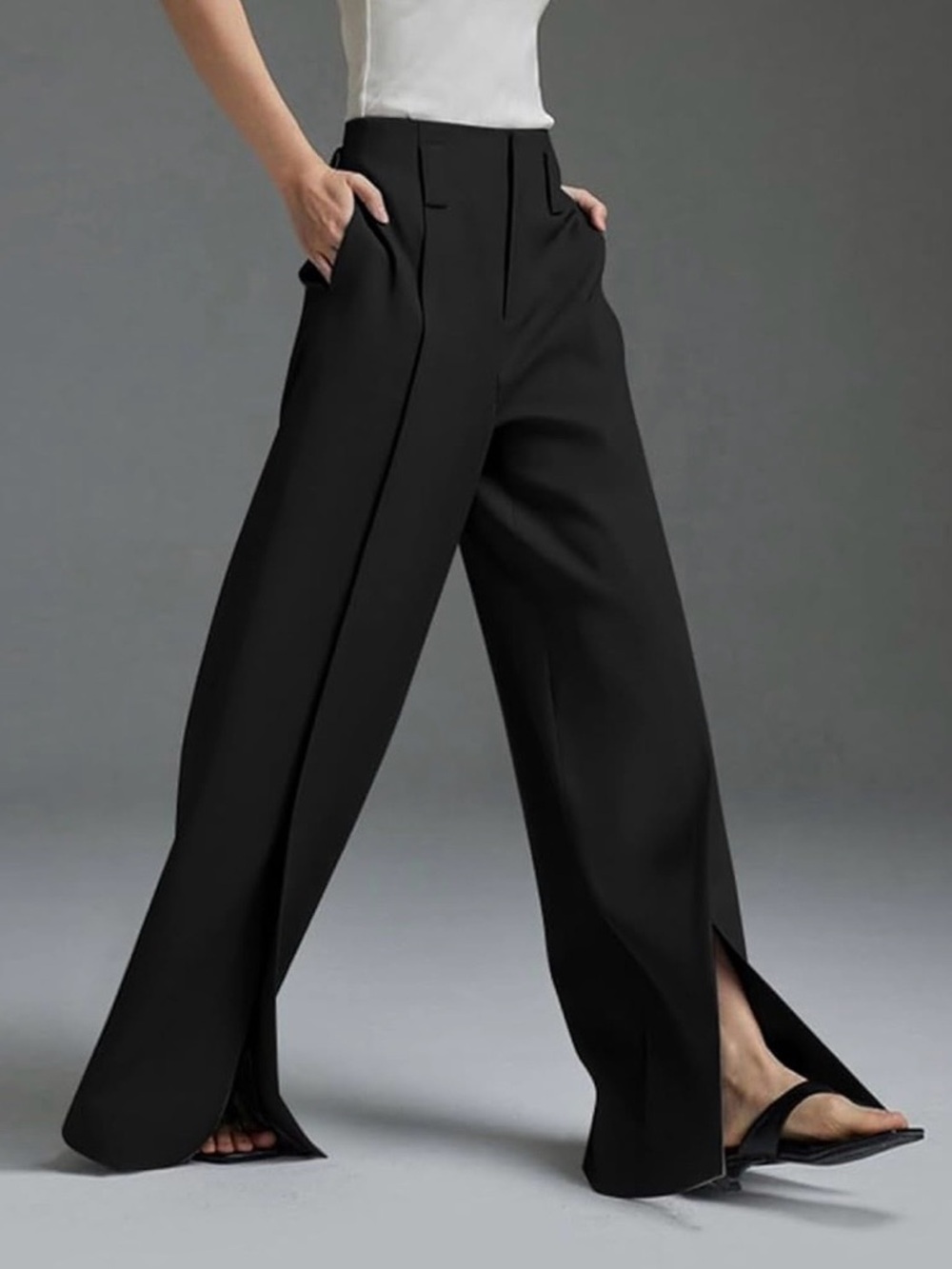 High-Rise Black Wide-Leg Slit Trousers